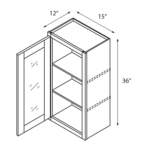 Frameless White Shaker Single Door Wall Open Face Cabinet - 15″W x 36″H (Assembled)