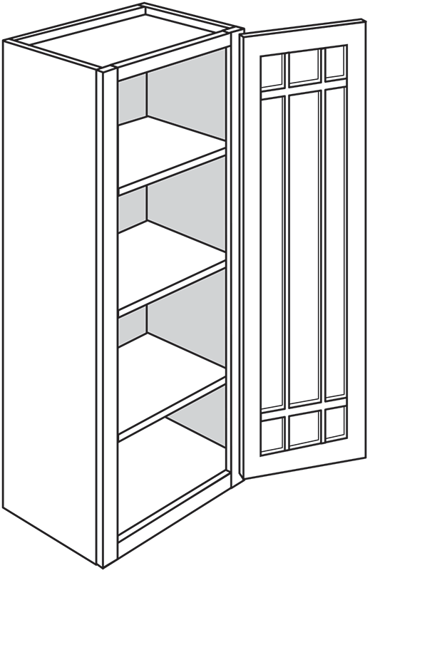 Devon Shaker Single Door Wall Cabinet w/ Prairie Glass Door 15″W x 42″H