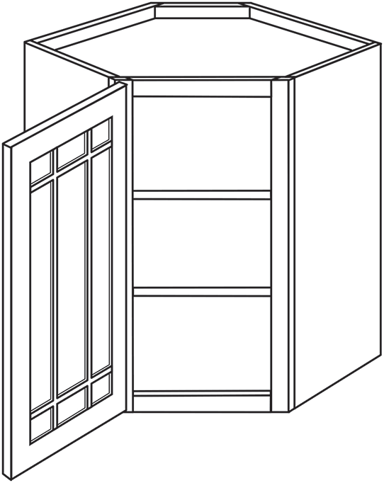 Devon Shaker Single Door Diagonal Wall Cabinet w/ Prairie Glass Door 24″W x 30″H