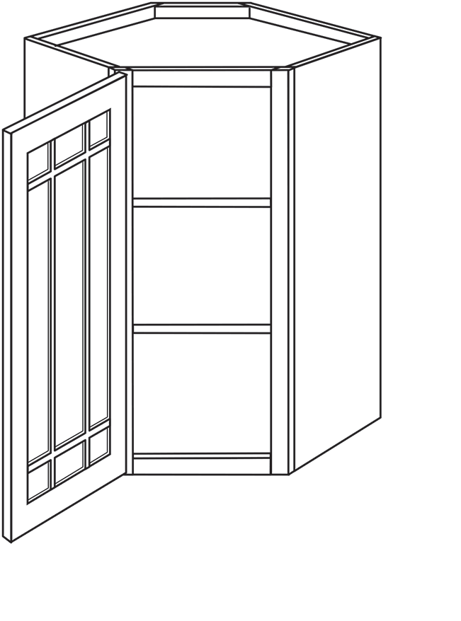 Devon Shaker Single Door Diagonal Wall Cabinet w/ Prairie Glass Door 24″W x 36″H