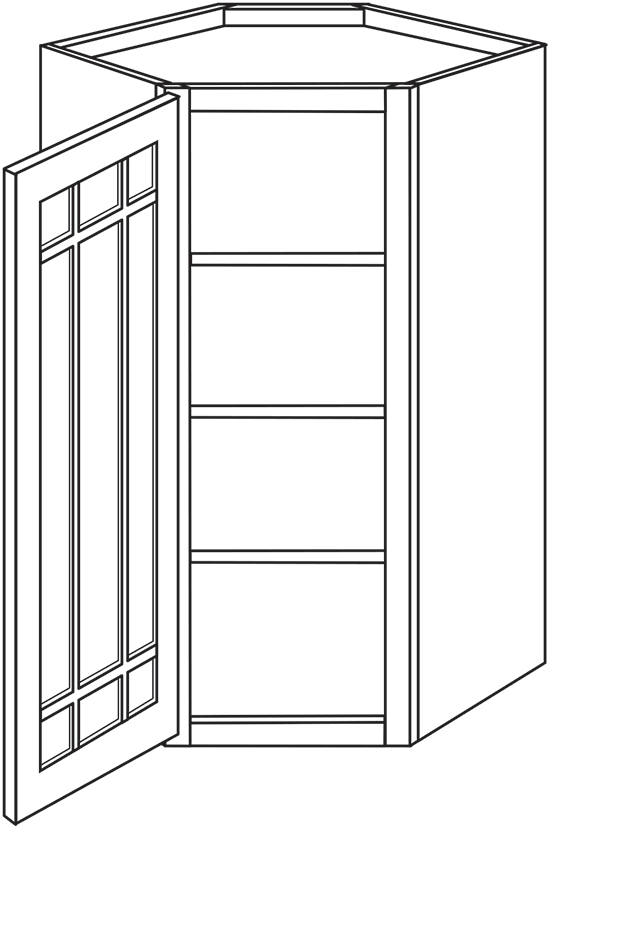 Devon Shaker Single Door Diagonal Wall Cabinet w/ Prairie Glass Door 24″W x 42″H