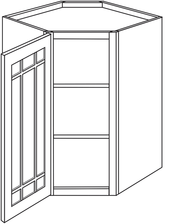 Devon Shaker Single Door Diagonal Wall Cabinet w/ Prairie Glass Door 27″W x 36″H