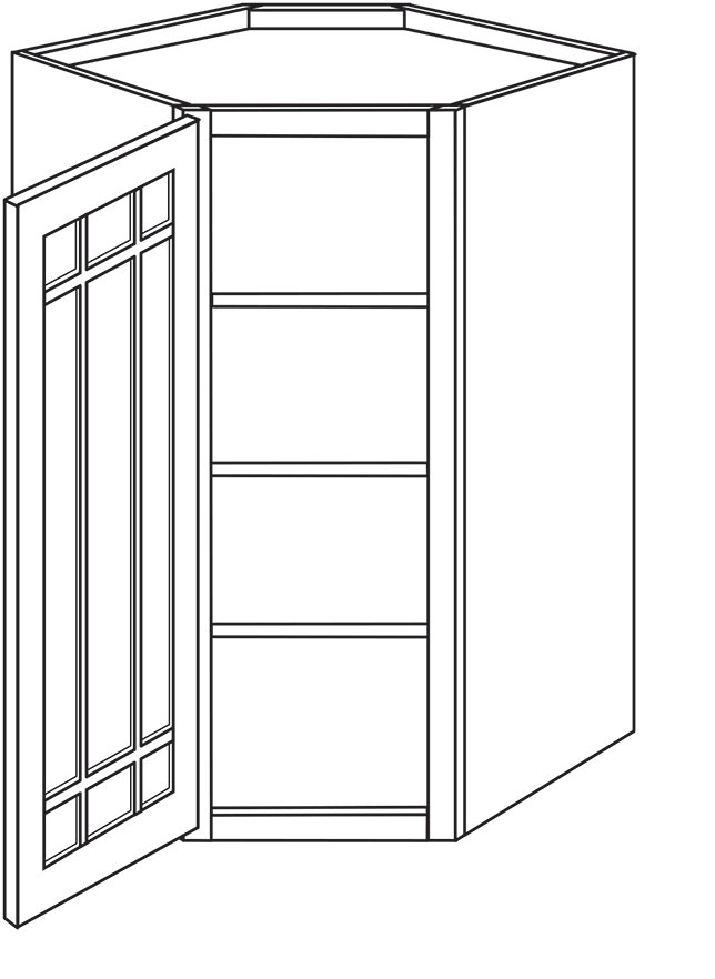 Devon Shaker Single Door Diagonal Wall Cabinet w/ Prairie Glass Door 27″W x 42″H